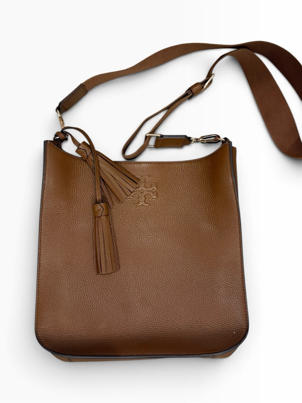 Tory Burch Thea Brown Pebbled Leather Tassel Crossbody Bag